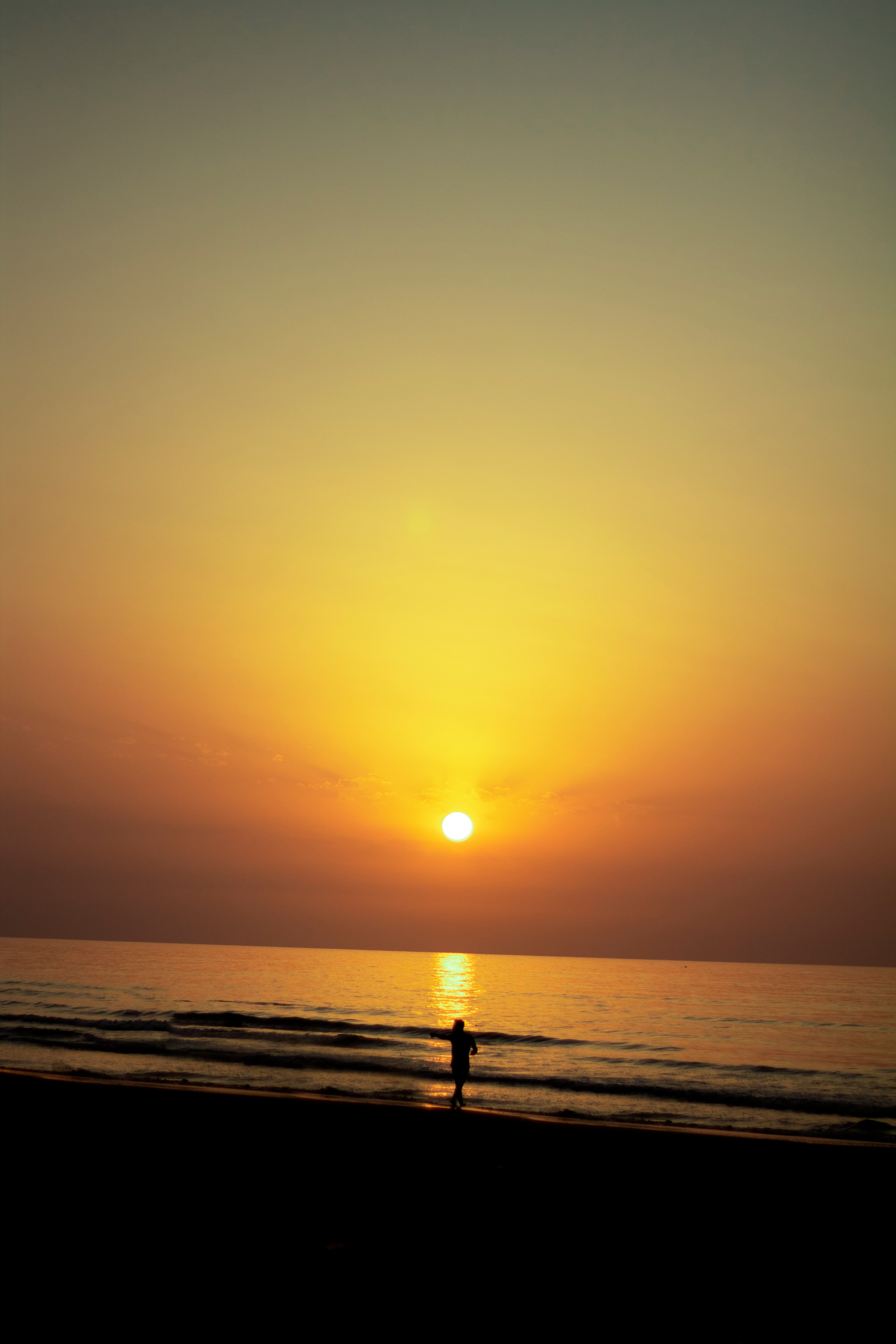 silhouette of person standing on beach during sunset